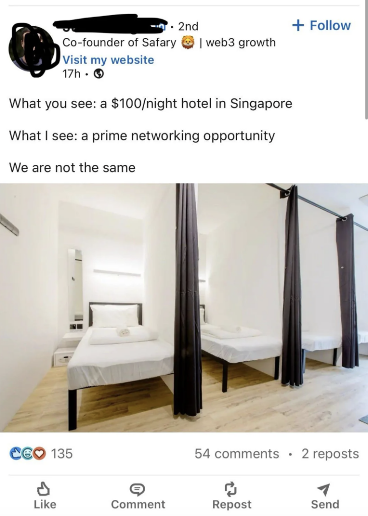 A LinkedIn post showing a photo of a minimalist hotel room with three single beds, white linen, and modern decor. The post caption contrasts viewing the hotel as a $100/night stay versus a prime networking opportunity. The user highlights differing perspectives.