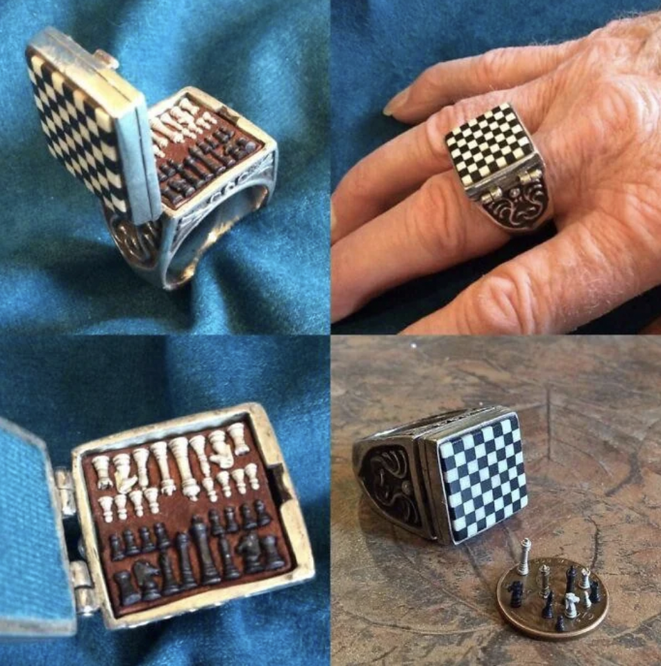 A collage of four images shows a unique ring that opens to reveal a miniature chess set. One image displays the ring closed on a finger, while the other three show the ring open with tiny chess pieces neatly arranged inside.