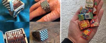 On the left, a ring opens to reveal a detailed miniature chess set. On the right, a hand holds various miniature grocery items, including mini versions of popular brands like Kool-Aid, Old Bay, and Tabasco sauce.