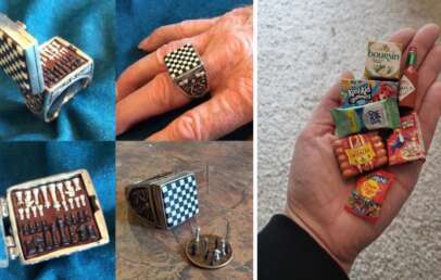 On the left, a ring opens to reveal a detailed miniature chess set. On the right, a hand holds various miniature grocery items, including mini versions of popular brands like Kool-Aid, Old Bay, and Tabasco sauce.