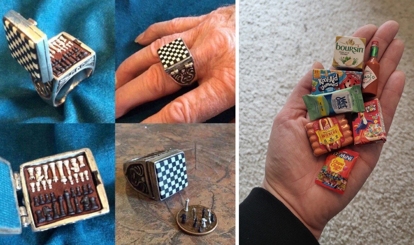 On the left, a ring opens to reveal a detailed miniature chess set. On the right, a hand holds various miniature grocery items, including mini versions of popular brands like Kool-Aid, Old Bay, and Tabasco sauce.