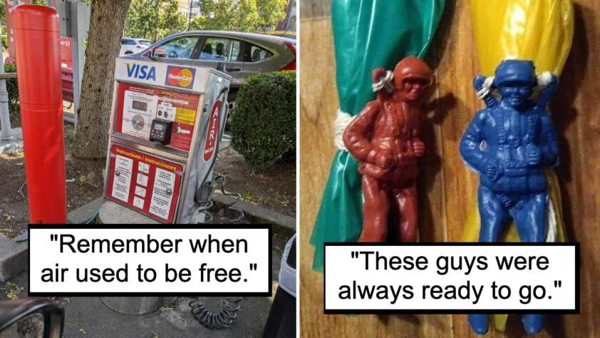 Left: A red air pump station at a gas station with a Visa and MasterCard payment option. The caption reads, "Remember when air used to be free." 
Right: Two toy soldier figurines, one red and one blue, holding parachutes. The caption reads, "These guys were always ready to go.