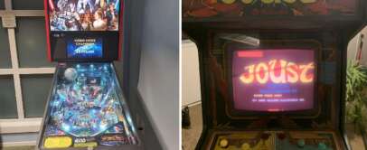 Side-by-side image of two arcade machines. On the left is a "Star Wars" themed pinball machine, with a lit playfield depicting various characters and scenes. On the right is an old-style "Joust" arcade cabinet, displaying the game’s title screen.