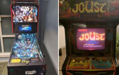 Side-by-side image of two arcade machines. On the left is a "Star Wars" themed pinball machine, with a lit playfield depicting various characters and scenes. On the right is an old-style "Joust" arcade cabinet, displaying the game’s title screen.