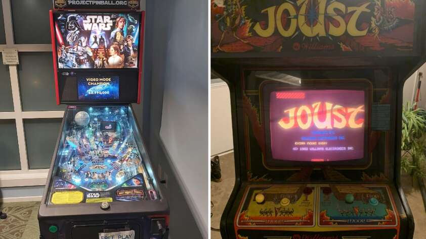 Side-by-side image of two arcade machines. On the left is a "Star Wars" themed pinball machine, with a lit playfield depicting various characters and scenes. On the right is an old-style "Joust" arcade cabinet, displaying the game’s title screen.