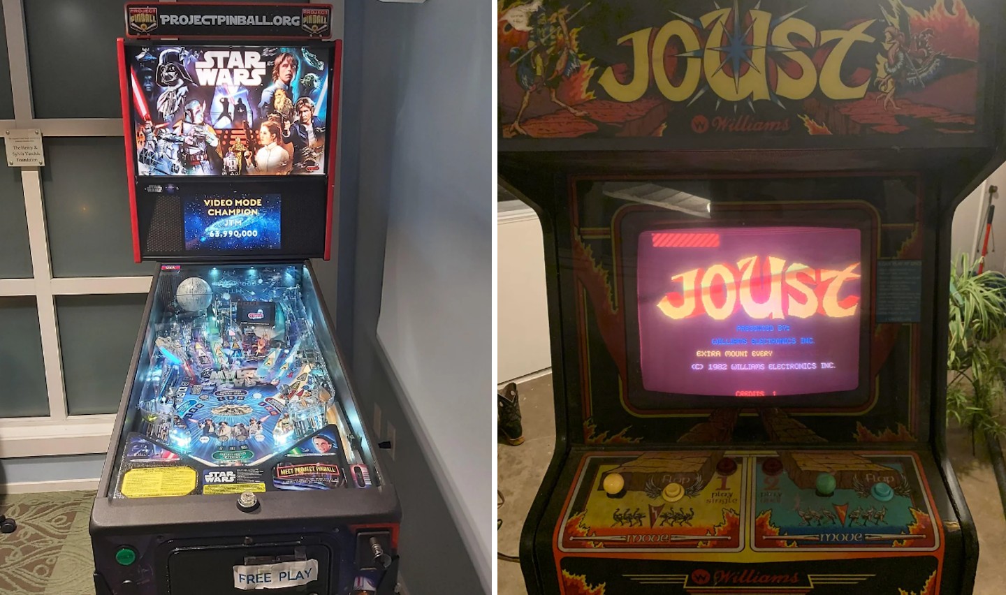 Side-by-side image of two arcade machines. On the left is a "Star Wars" themed pinball machine, with a lit playfield depicting various characters and scenes. On the right is an old-style "Joust" arcade cabinet, displaying the game’s title screen.