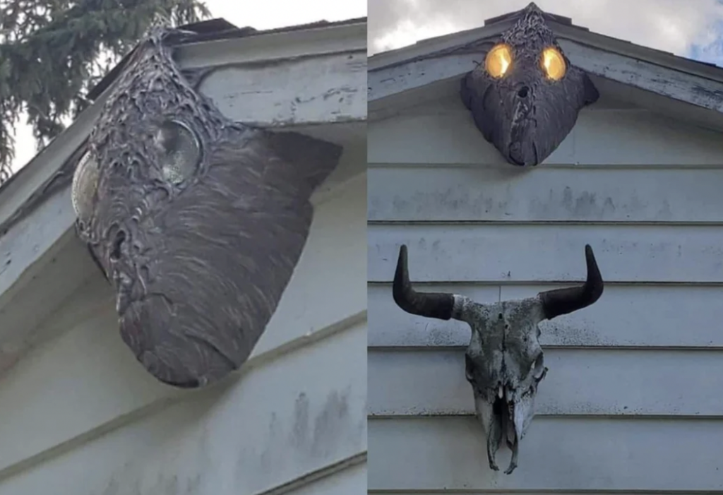 Left: A close-up of an intricately detailed large moth decoration affixed to the peak of a house. Right: A close-up of a horned animal skull mounted in the same place at the peak of a house. The sky is visible in both images.