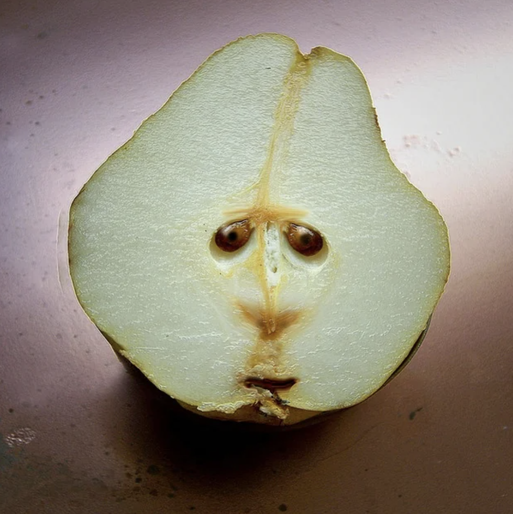 A cross-section of a pear resembling a face with two dark seeds for eyes, a nose-like stem scar, and a small indentation forming a mouth-like feature, creating a whimsical, anthropomorphic appearance against a neutral background.