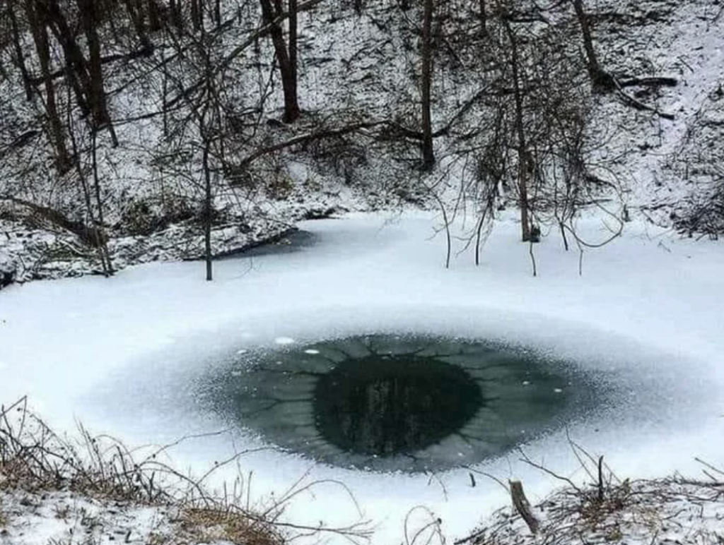 A snow-covered forest scene features a small, frozen pond with an intriguing circular pattern. The ice near the center is slightly melted, creating a dark, water-like area surrounded by white snow, giving the impression of an eye in the landscape.