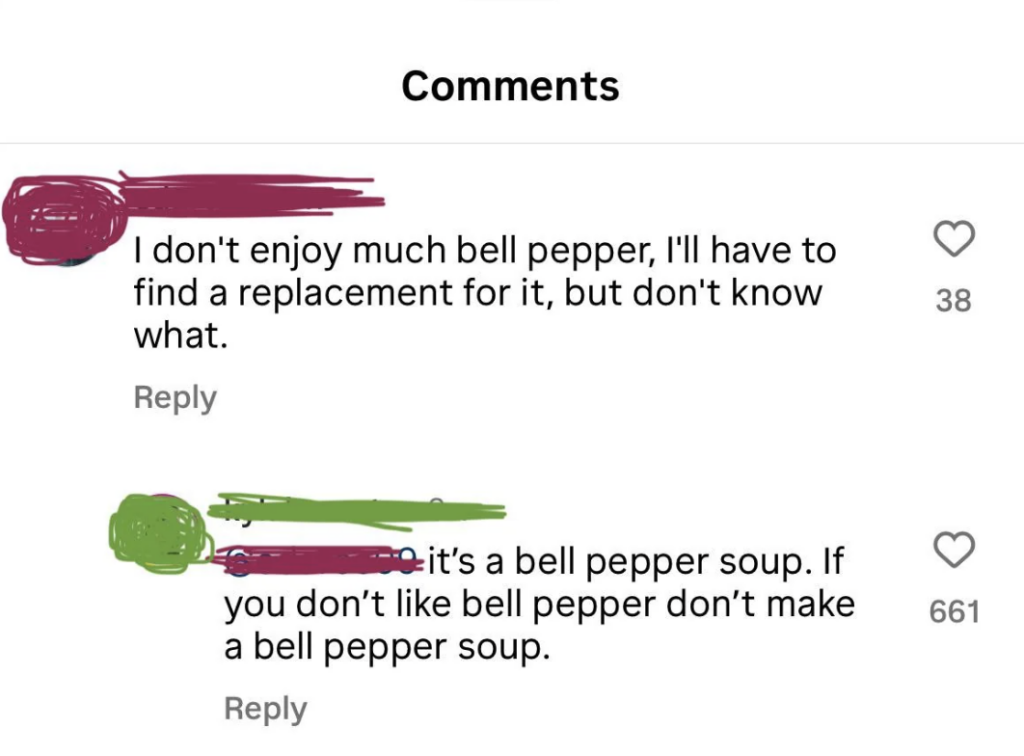 A screenshot of a comments section. The first comment, from a user with a maroon-colored profile picture, says, "I don't enjoy much bell pepper, I'll have to find a replacement for it, but don't know what." The reply, from a user with a green-colored profile picture, says, "it's a bell pepper soup. If you don't like bell pepper don't make a bell pepper soup.