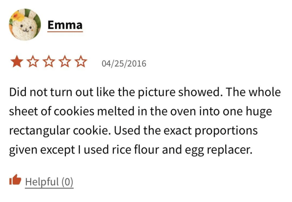 A review from Emma on 04/25/2016 shows a 2 out of 5-star rating. The review text explains that Emma's cookies melted into one huge rectangular cookie despite following the recipe closely, except for using rice flour and egg replacer. There's a "Helpful (0)" icon below.