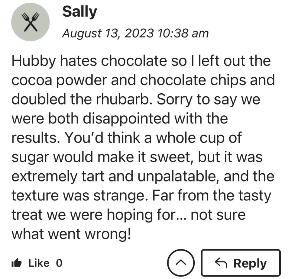 A social media post by Sally dated August 13, 2023, complaining about a dessert made with rhubarb instead of chocolate. The dessert turned out tart and unpalatable despite adding a cup of sugar. The post ends with Sally expressing confusion over the disappointing results.