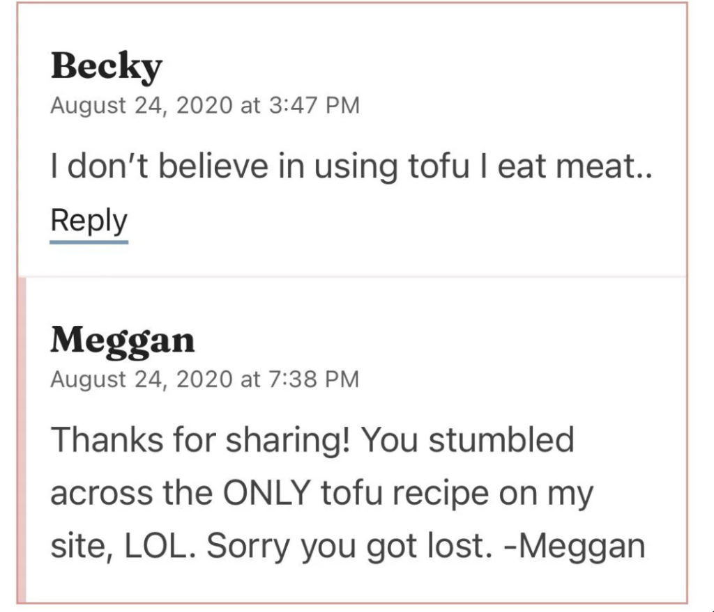 Two comments from a website. First comment by Becky on August 24, 2020, at 3:47 PM says, "I don’t believe in using tofu I eat meat..". The second comment by Meggan on August 24, 2020, at 7:38 PM says, "Thanks for sharing! You stumbled across the ONLY tofu recipe on my site, LOL. Sorry you got lost. -Meggan".