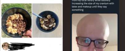 On the left, a tweet displays a bowl of ground beef mixed with banana slices, labeled "lunch is ground beef w/ banana and honey actually so good, 200 cals, 22g protein," with a response calling it something a pitbull would eat on its birthday. On the right, a tweet with a person wearing glasses and makeup mentions renting and returning ten books from a library while using latex and makeup to enlarge the cranium size until it gets noticed.