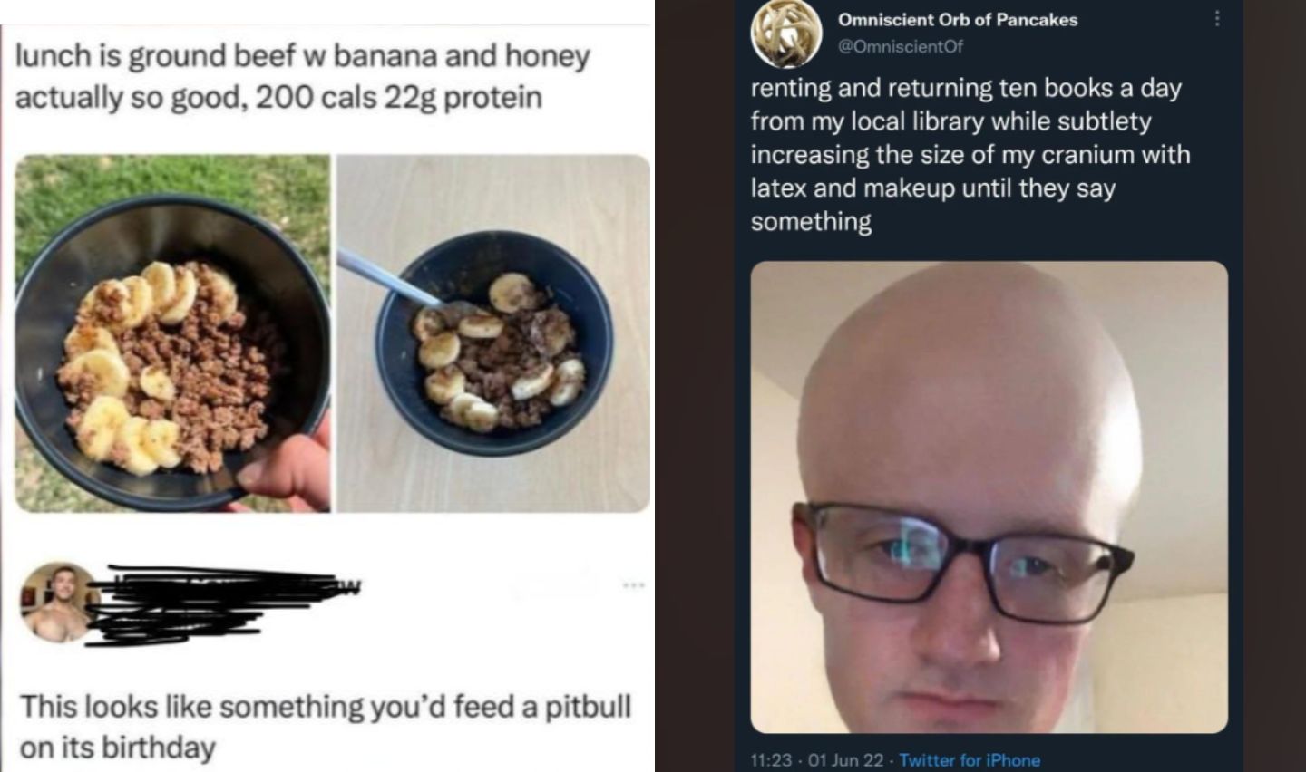 On the left, a tweet displays a bowl of ground beef mixed with banana slices, labeled "lunch is ground beef w/ banana and honey actually so good, 200 cals, 22g protein," with a response calling it something a pitbull would eat on its birthday. On the right, a tweet with a person wearing glasses and makeup mentions renting and returning ten books from a library while using latex and makeup to enlarge the cranium size until it gets noticed.