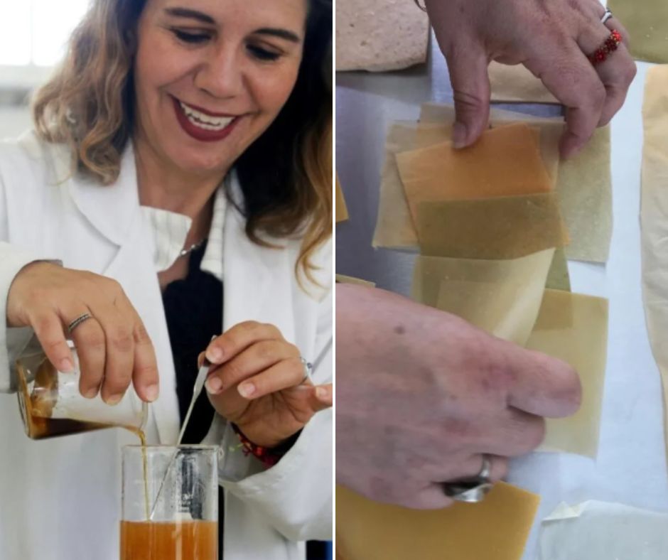 On the left, a woman with a white lab coat pours a liquid into a beaker. On the right, a close-up of hands handling sheets of a translucent material on a table.