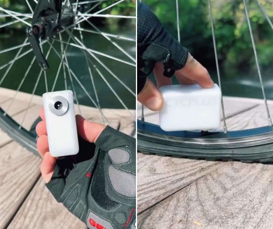 Split image: On the left, a person wearing a padded glove holds a white device near a bicycle wheel. On the right, the same device is shown being placed on the bicycle's tire rim.