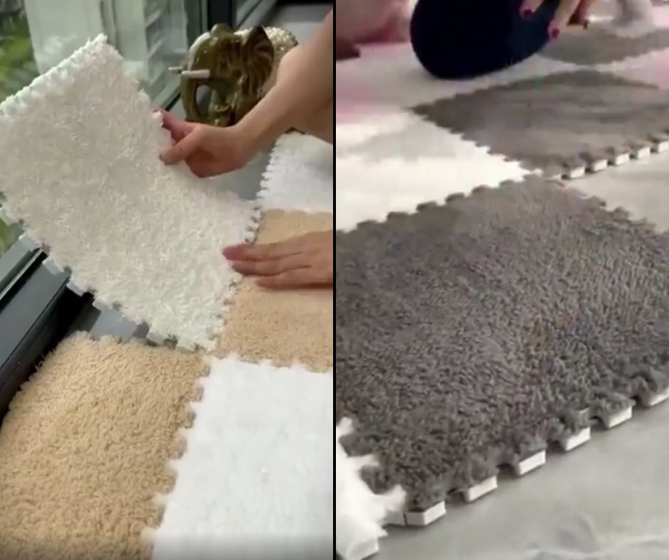 Two images show hands placing interlocking carpet tiles on a floor and by a window. The plush, textured tiles are in various colors, including white, beige, and gray, creating a soft, patterned surface when pieced together.