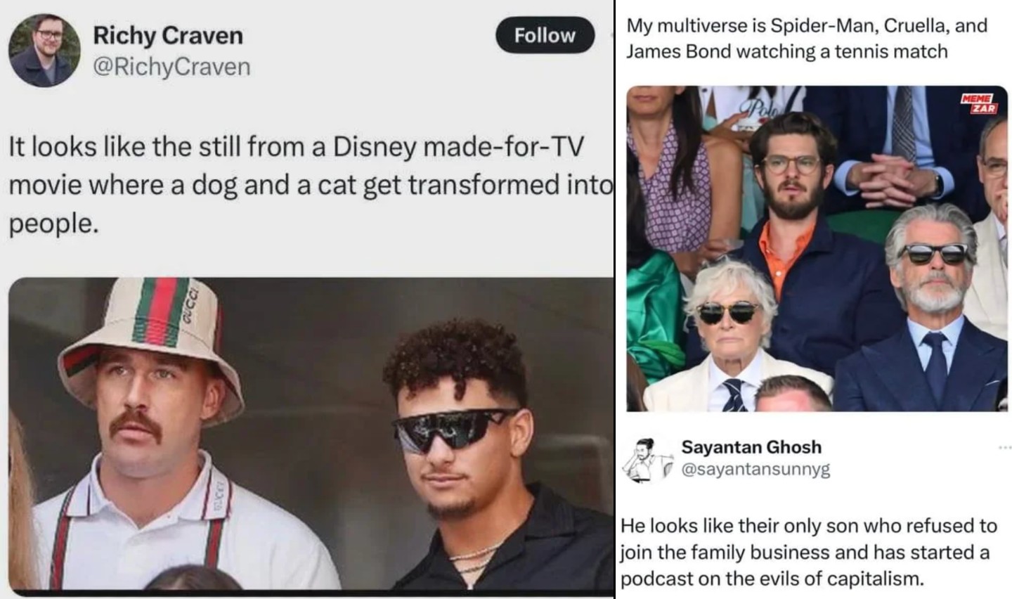 An image of Travis Kelce and Patrick Mahomes at the US Open next to an image of Andrew Garfield and Pierce Brosnan.