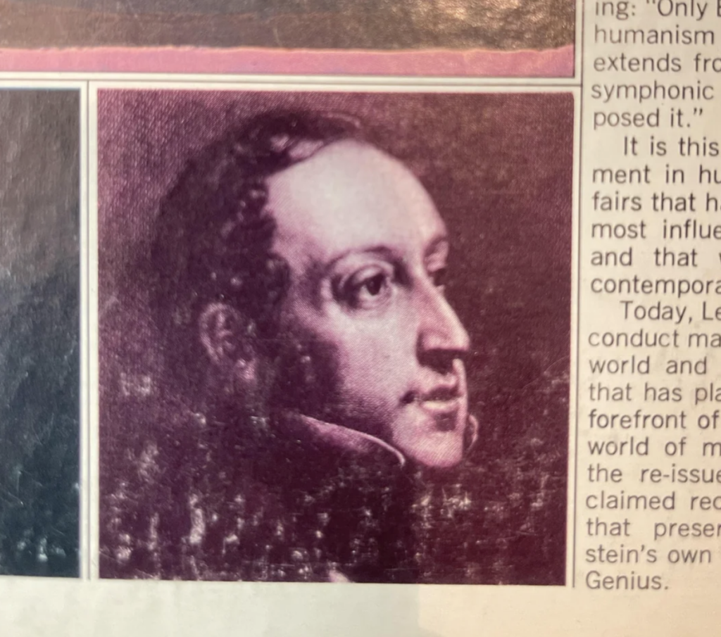 A sepia-toned image of a historical man with curly hair and a high collar, set against a page of text. The man is facing to the right side. The text around the image is mostly illegible but seems to be part of an article or a book.