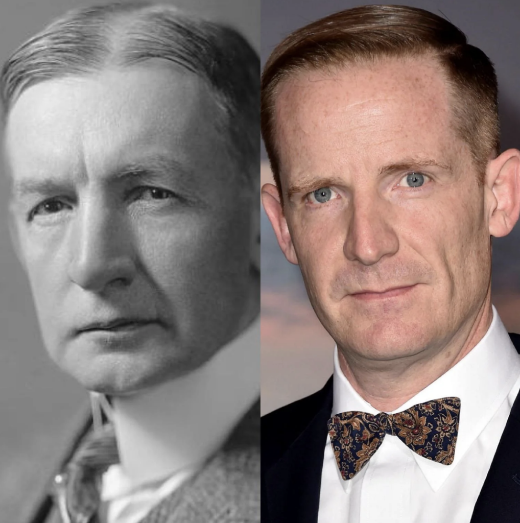 A black-and-white historical portrait of an older man in a suit and tie is shown next to a color photograph of a younger man with short hair, wearing a bow tie and a suit jacket.