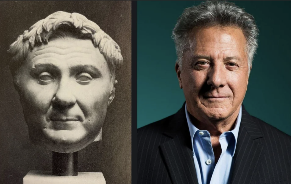 On the left, an ancient Roman bust with a solemn expression. On the right, an older man in a suit with gray hair and a slight smile against a green background.