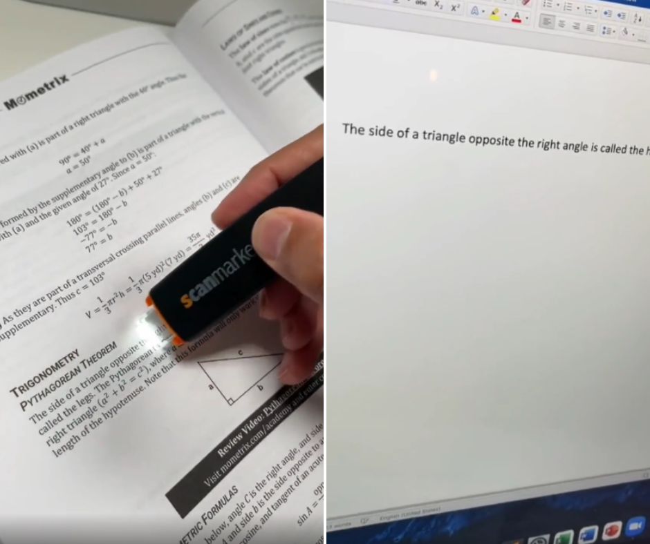 A person scans a trigonometry book page with a Scanmarker device (left side); the right side shows a computer screen displaying the scanned text: "The side of a triangle opposite the right angle is called the" in a word processor.