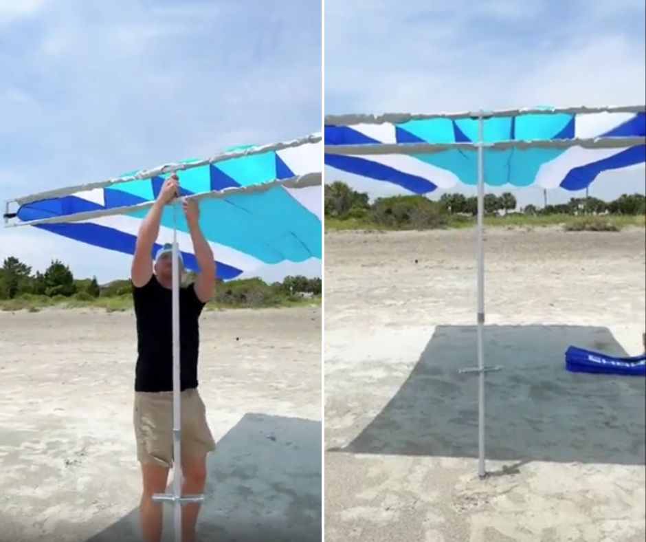 A person is seen on the beach setting up a large blue and white striped canopy. The left image shows the individual adjusting the fabric on the frame, and the right image displays the fully extended canopy casting a shadow on the sandy ground. Trees are visible in the background.