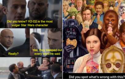 Left image: A meme with a conversation where someone states R2-D2 is the most vulgar Star Wars character, and another person is surprised. Right image: A photo featuring various Star Wars characters holding items like a Starbucks cup and a pizza. Text: "Did you spot what's wrong with this?