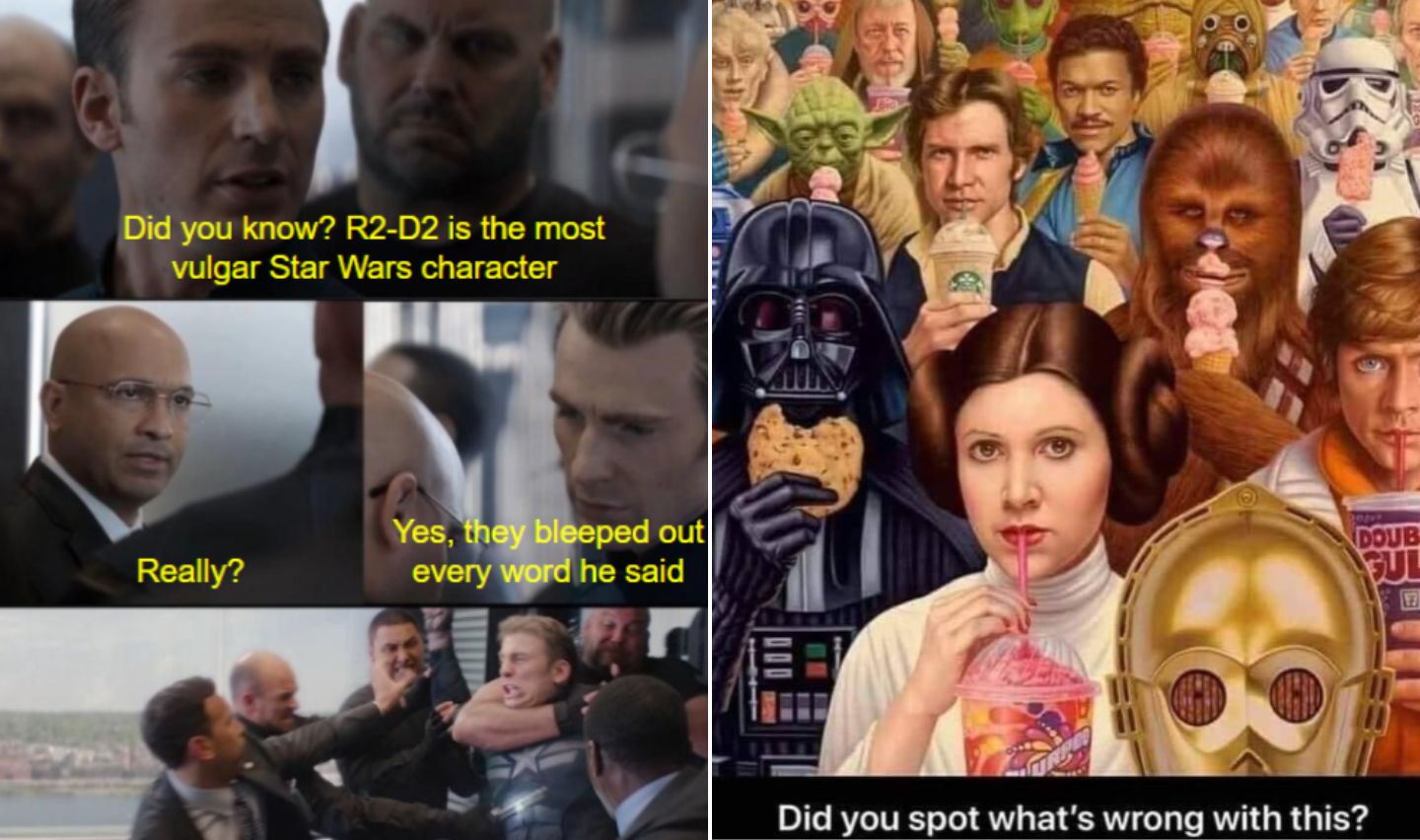 Left image: A meme with a conversation where someone states R2-D2 is the most vulgar Star Wars character, and another person is surprised. Right image: A photo featuring various Star Wars characters holding items like a Starbucks cup and a pizza. Text: "Did you spot what's wrong with this?