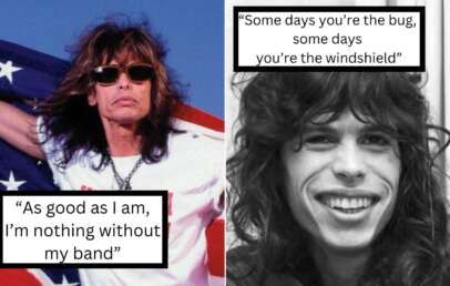 Two images of the same man. On the left, he wears sunglasses and holds an American flag with the quote, "As good as I am, I’m nothing without my band." On the right, he is smiling, and the quote reads, "Some days you're the bug, some days you're the windshield.