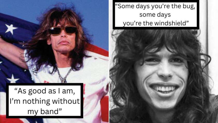 Two images of the same man. On the left, he wears sunglasses and holds an American flag with the quote, "As good as I am, I’m nothing without my band." On the right, he is smiling, and the quote reads, "Some days you're the bug, some days you're the windshield.