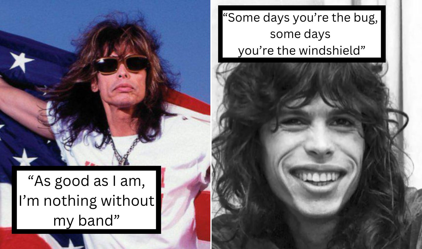 Two images of the same man. On the left, he wears sunglasses and holds an American flag with the quote, "As good as I am, I’m nothing without my band." On the right, he is smiling, and the quote reads, "Some days you're the bug, some days you're the windshield.