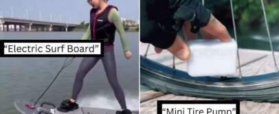 A split image: On the left, a person rides an electric surfboard with a cityscape in the background. On the right, a close-up shows a gloved hand using a mini tire pump to inflate a bicycle tire. Text reads "Electric Surf Board" on the left and "Mini Tire Pump" on the right.