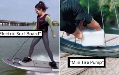 A split image: On the left, a person rides an electric surfboard with a cityscape in the background. On the right, a close-up shows a gloved hand using a mini tire pump to inflate a bicycle tire. Text reads "Electric Surf Board" on the left and "Mini Tire Pump" on the right.