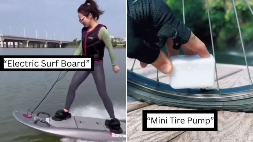 A split image: On the left, a person rides an electric surfboard with a cityscape in the background. On the right, a close-up shows a gloved hand using a mini tire pump to inflate a bicycle tire. Text reads "Electric Surf Board" on the left and "Mini Tire Pump" on the right.