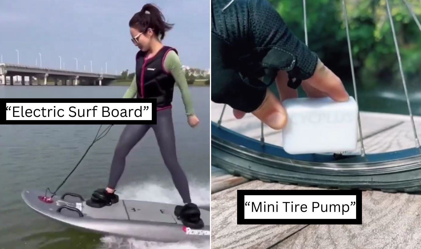 A split image: On the left, a person rides an electric surfboard with a cityscape in the background. On the right, a close-up shows a gloved hand using a mini tire pump to inflate a bicycle tire. Text reads "Electric Surf Board" on the left and "Mini Tire Pump" on the right.