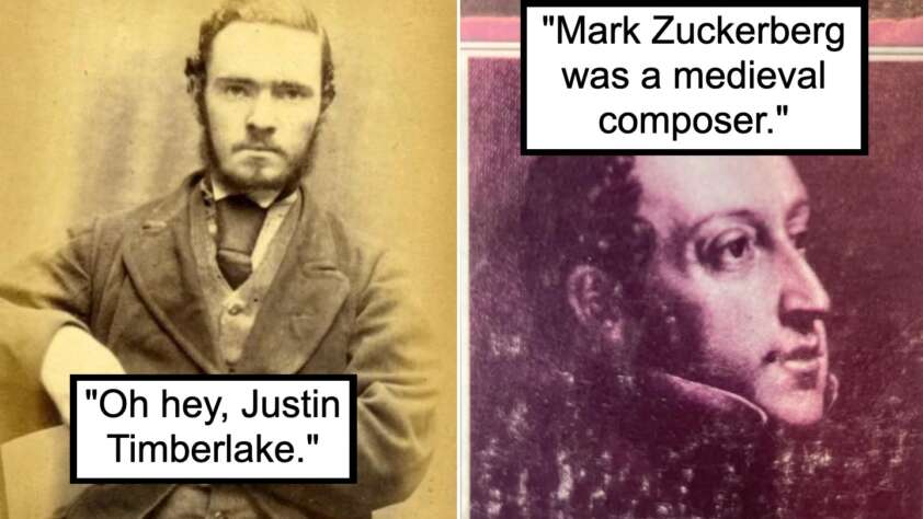 Two sepia-toned images side by side. Left image: a serious man in Victorian-era clothing with the text, "Oh hey, Justin Timberlake." Right image: an old painting of a man with the text, "Mark Zuckerberg was a medieval composer." Both texts add humorous misidentifications.