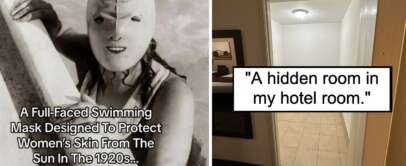 The image is split into two pictures. The left shows a vintage photograph of a woman wearing a full-faced swimming mask from the 1920s designed to protect women's skin from the sun. The right shows a partially open door revealing an empty room with the caption, "A hidden room in my hotel room.