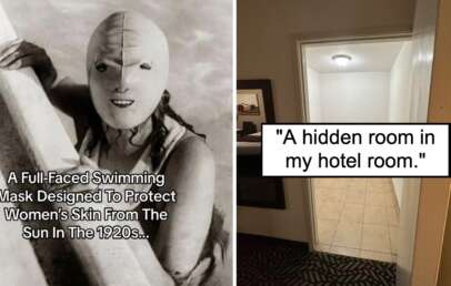 The image is split into two pictures. The left shows a vintage photograph of a woman wearing a full-faced swimming mask from the 1920s designed to protect women's skin from the sun. The right shows a partially open door revealing an empty room with the caption, "A hidden room in my hotel room.