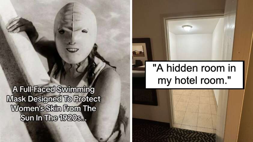 The image is split into two pictures. The left shows a vintage photograph of a woman wearing a full-faced swimming mask from the 1920s designed to protect women's skin from the sun. The right shows a partially open door revealing an empty room with the caption, "A hidden room in my hotel room.