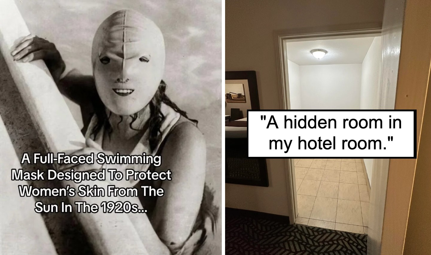 The image is split into two pictures. The left shows a vintage photograph of a woman wearing a full-faced swimming mask from the 1920s designed to protect women's skin from the sun. The right shows a partially open door revealing an empty room with the caption, "A hidden room in my hotel room.