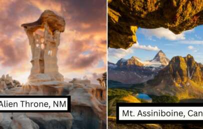 A split image shows two distinct natural landscapes. The left side depicts the Alien Throne rock formation in New Mexico, featuring surreal, eroded rock structures under a colorful sky. The right side shows Mount Assiniboine in Canada, a towering peak surrounded by rugged terrain and a glacial lake beneath a clear blue sky. Text labels indicate "Alien Throne, NM" on the left and "Mt. Assiniboine, Canada" on the right.