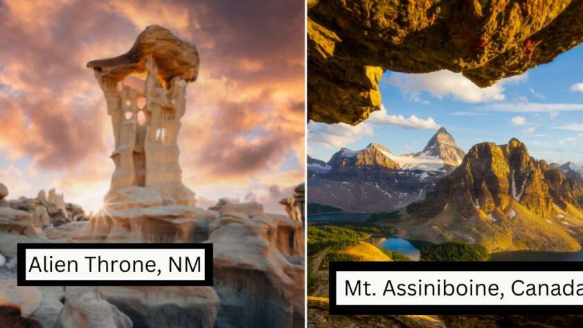 A split image shows two distinct natural landscapes. The left side depicts the Alien Throne rock formation in New Mexico, featuring surreal, eroded rock structures under a colorful sky. The right side shows Mount Assiniboine in Canada, a towering peak surrounded by rugged terrain and a glacial lake beneath a clear blue sky. Text labels indicate "Alien Throne, NM" on the left and "Mt. Assiniboine, Canada" on the right.