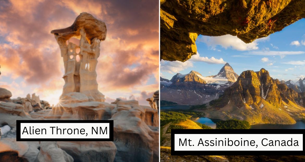 A split image shows two distinct natural landscapes. The left side depicts the Alien Throne rock formation in New Mexico, featuring surreal, eroded rock structures under a colorful sky. The right side shows Mount Assiniboine in Canada, a towering peak surrounded by rugged terrain and a glacial lake beneath a clear blue sky. Text labels indicate "Alien Throne, NM" on the left and "Mt. Assiniboine, Canada" on the right.