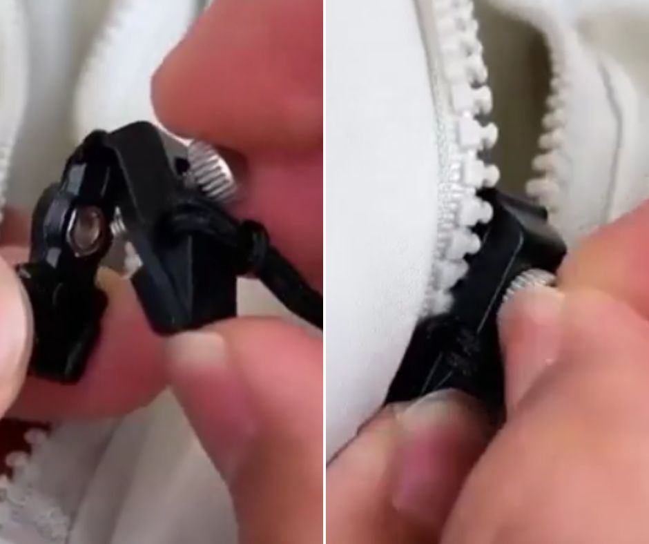 A close-up of hands fixing a zipper. The images show two stages: on the left, the person adjusts a small black device with a screw, threading it through the zipper area. On the right, the device is in place, and the person tightens the screw, repairing the zipper.