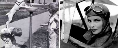 Kids helpign a dog drink from a fountain and Audrey Hepburn in the pilots seat of a plane