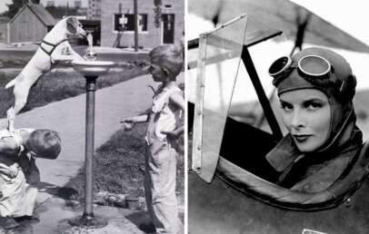 Kids helpign a dog drink from a fountain and Audrey Hepburn in the pilots seat of a plane