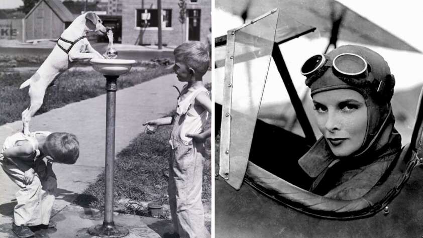 Kids helpign a dog drink from a fountain and Audrey Hepburn in the pilots seat of a plane