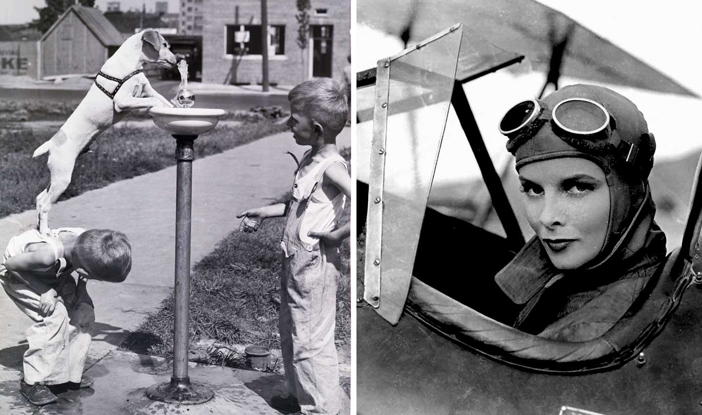 Kids helpign a dog drink from a fountain and Audrey Hepburn in the pilots seat of a plane